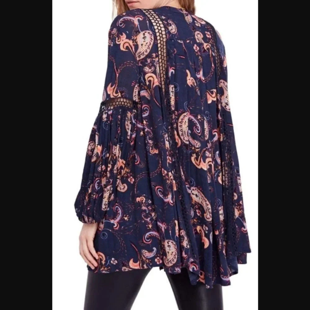 Free People Navy Floral Paisley V-Neck Tunic - Picture 4 of 11
